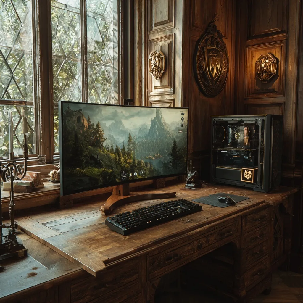 A neo-medieval gaming PC setup with a large monitor inside a cozy rustic wooden cabin.