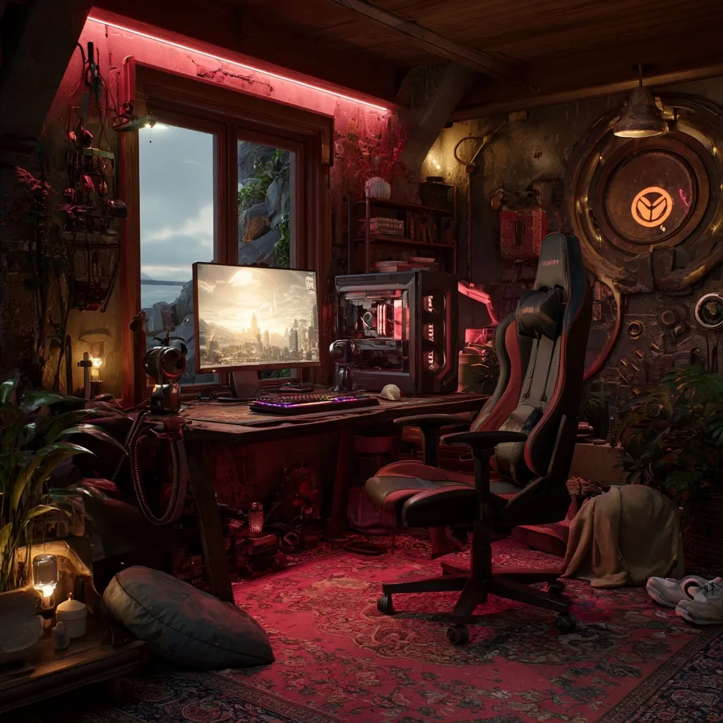A cozy cabin gaming nook featuring a modern PC setup in a rustic wooden retreat for immersive gameplay.