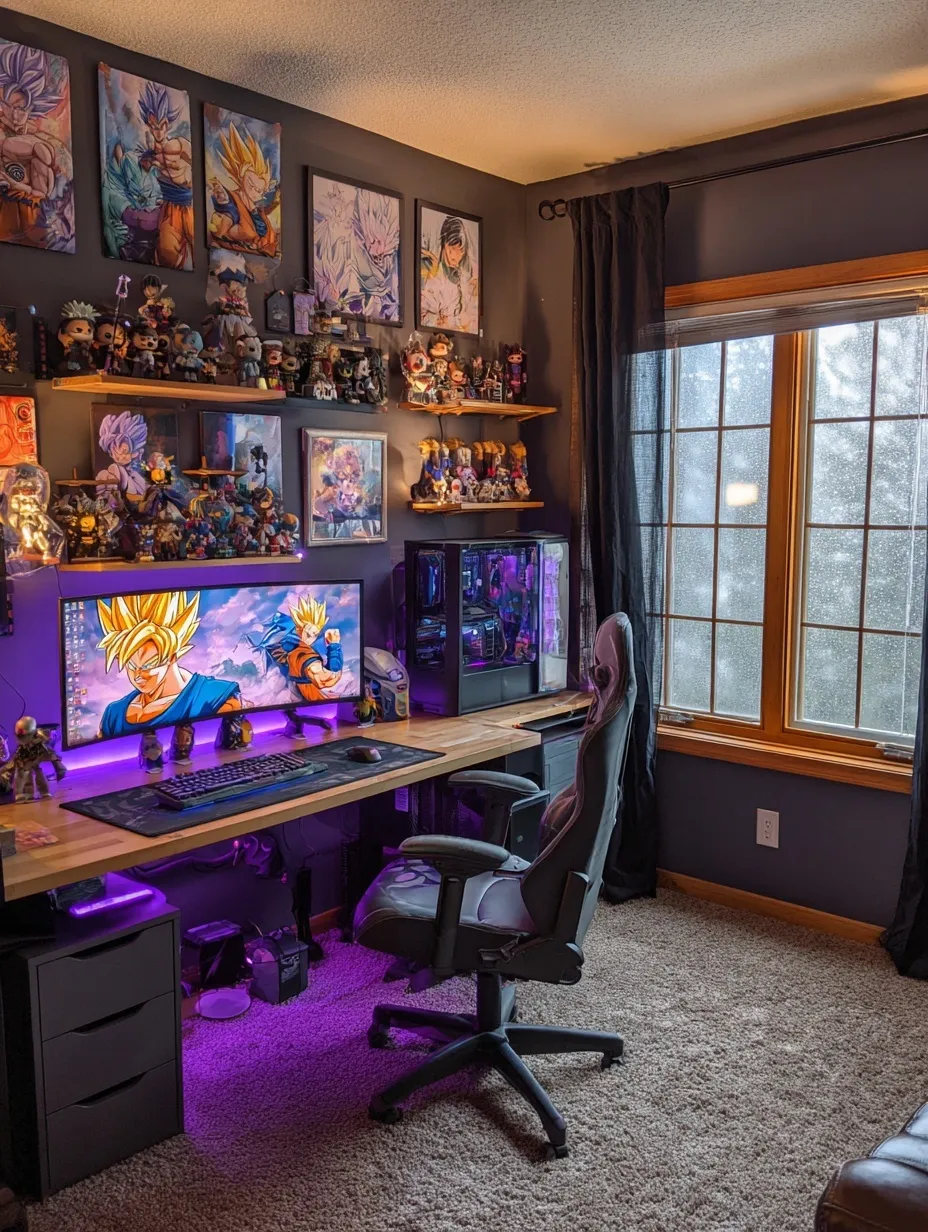 Cozy cabin gaming setup with purple LED lighting, Dragon Ball Z on screen, gaming chair, and anime collectibles.