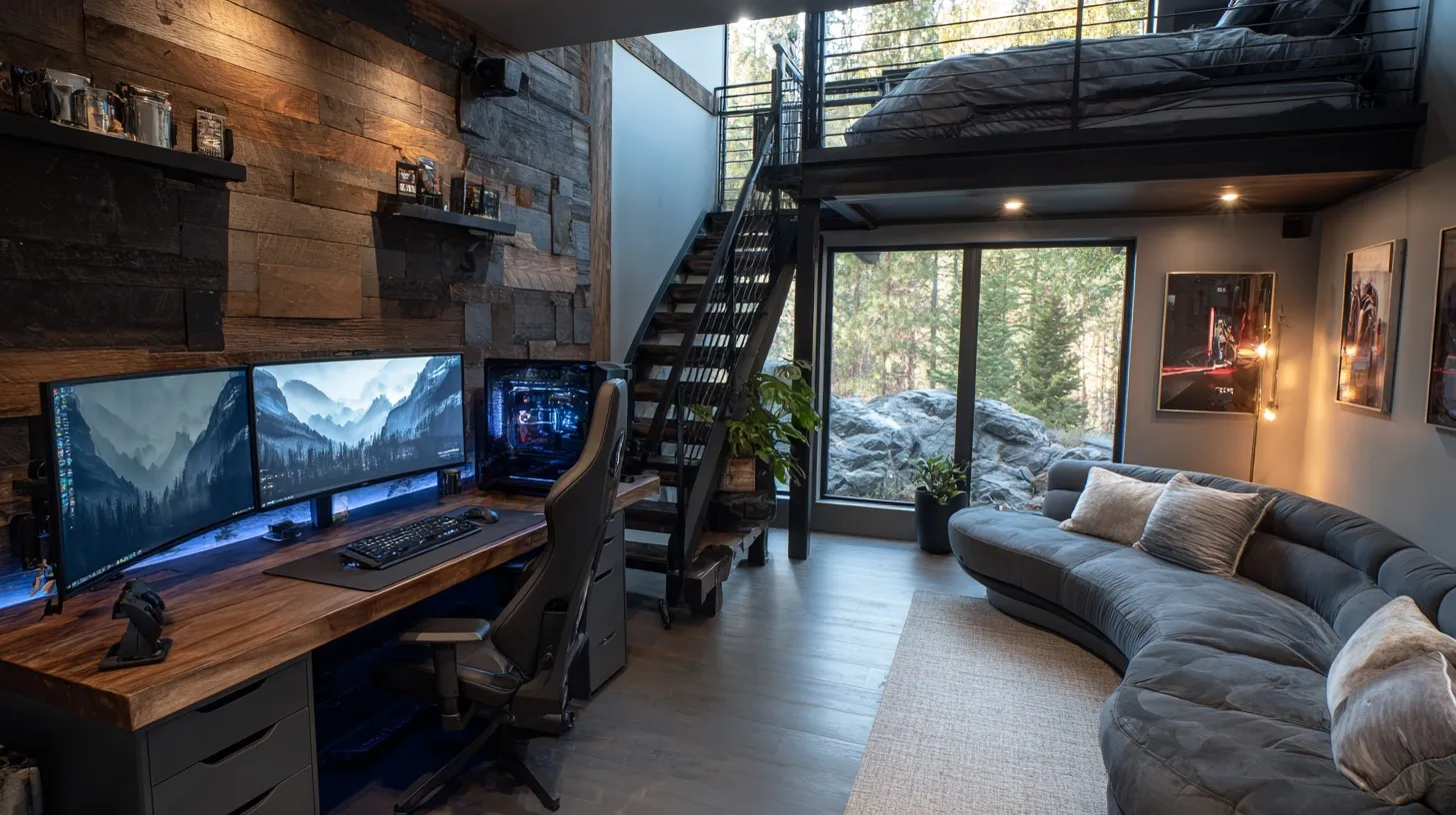 Modern mountain cabin gaming loft featuring dual desks, ultrawide monitors, and luxury minimalist interior design.