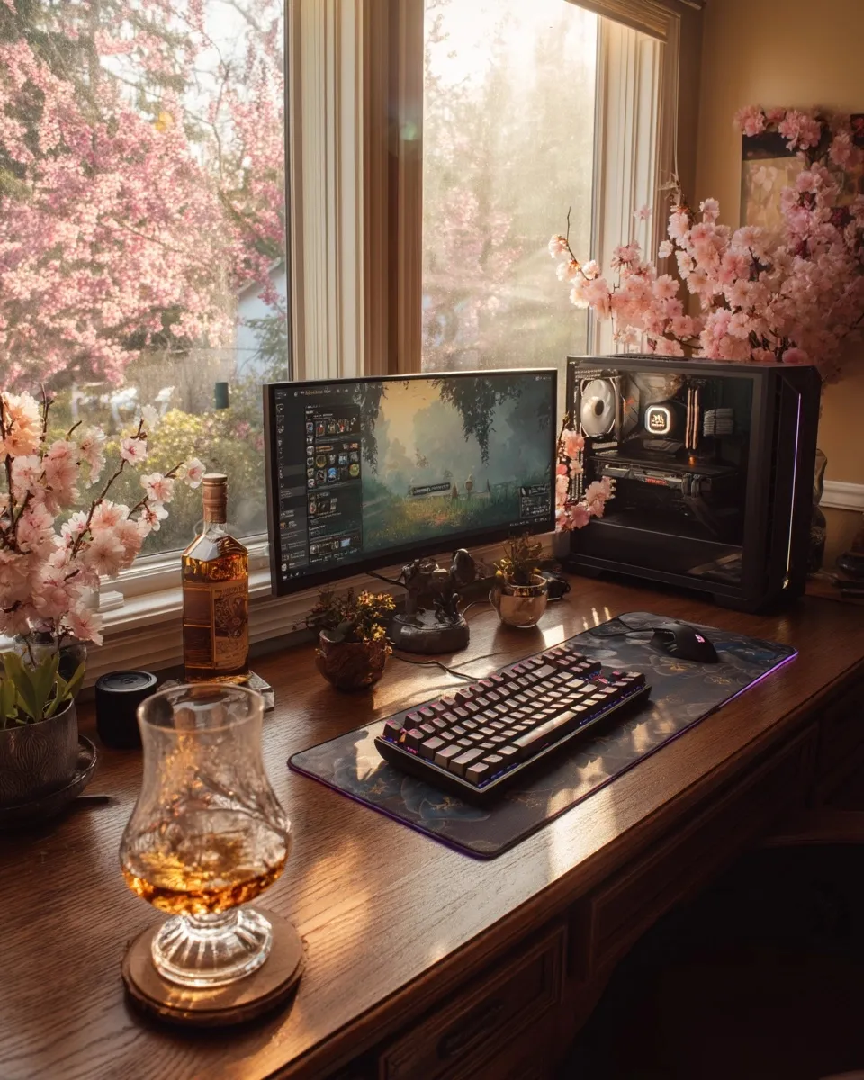 Cozy cabin gaming setup with dual monitors, mechanical keyboard, and cherry blossom decor in warm spring sunlight.