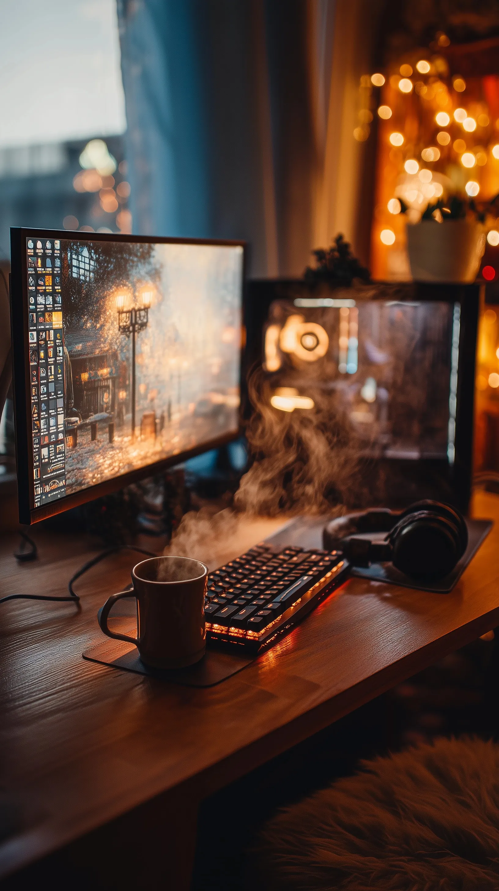 Cozy PC gaming setup at night with dual monitors, warm ambient lighting, and steam rising from a cup of tea.