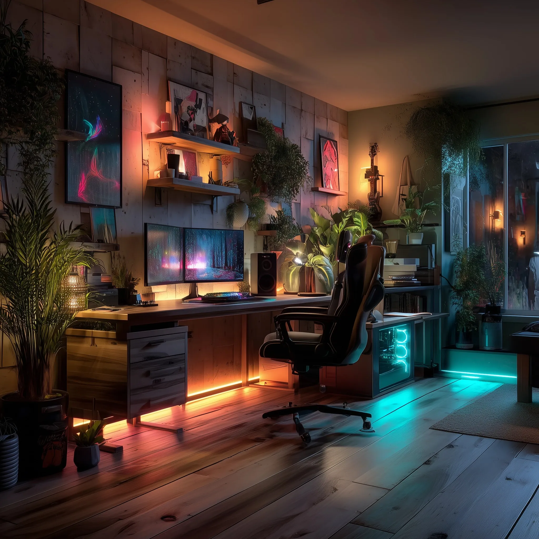 Cozy modern cabin gaming studio with ambient LED lighting, professional filming space, and stylish gamer decor.