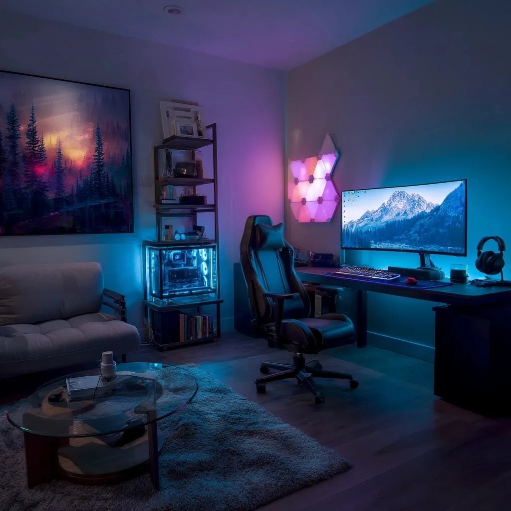 A cozy cabin gaming setup featuring a modern PC station with ambient lighting in a rustic wooden interior.