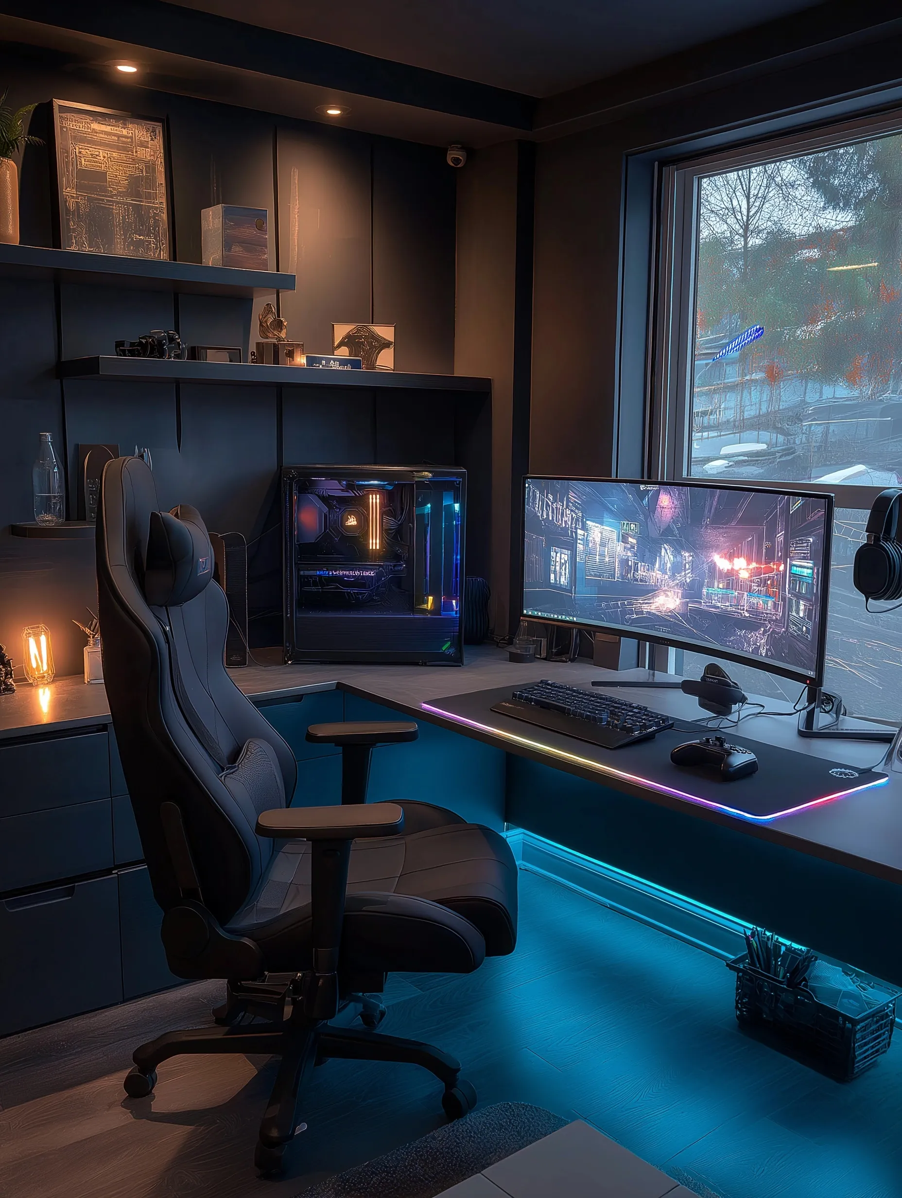 Hyper-realistic gaming room with RGB PC setup, curved monitor, and gaming chair in a modern, minimalist cabin.