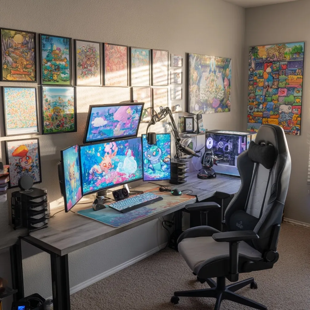 A cozy cabin gaming setup with Pokémon-themed decor, multiple monitors, a gaming chair, and professional microphone.