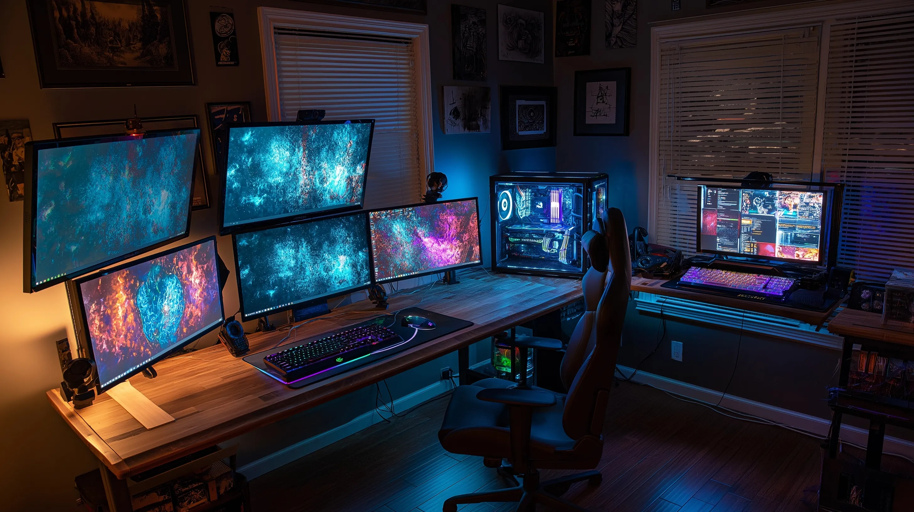 A sleek cabin gaming setup with glowing RGB monitors and high-performance PC equipment in a cozy, organized space.