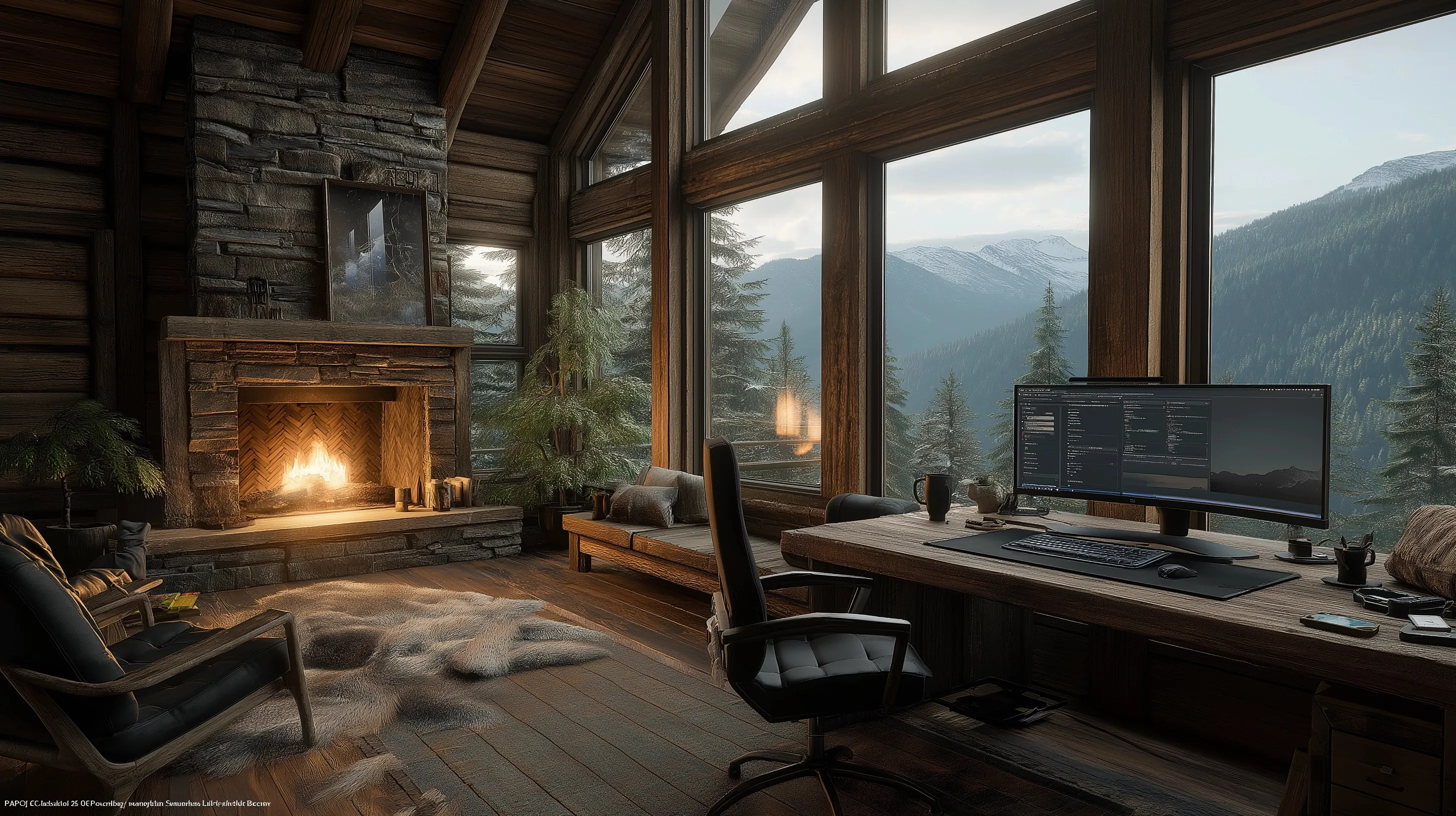 Cozy log cabin gaming setup with mountain view, fireplace, and modern interior for virtual meetings.