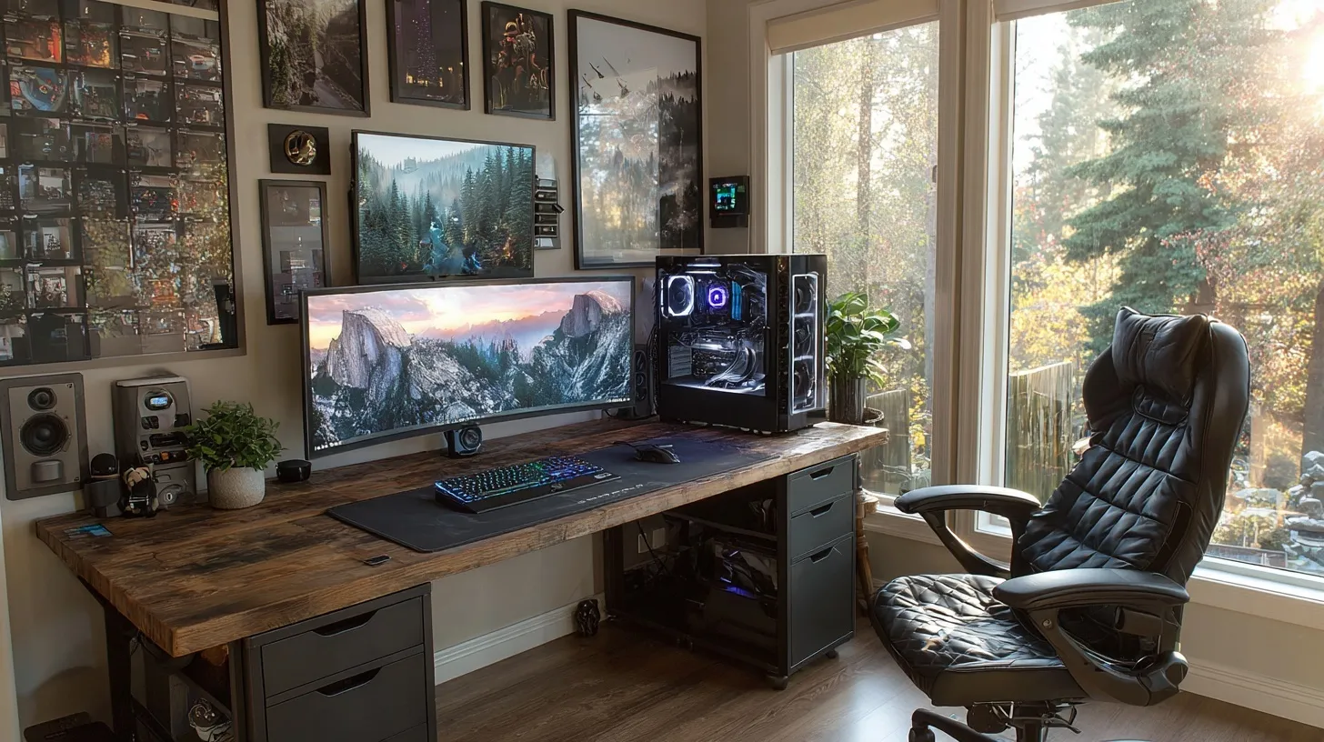 Sleek wall-mounted PC gaming setup with custom hard-pipe liquid cooling and clean cable management in a cabin.