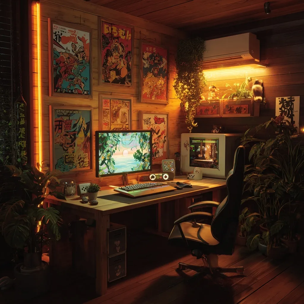 Cozy retro gaming cabin with Japanese decor, warm LED lighting, and a vintage wooden desk setup.