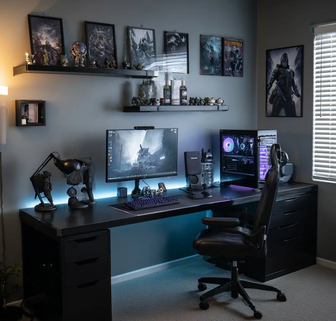 Modern gaming desk setup with LED lighting, video game figurines, and framed wall art in a cozy cabin interior.