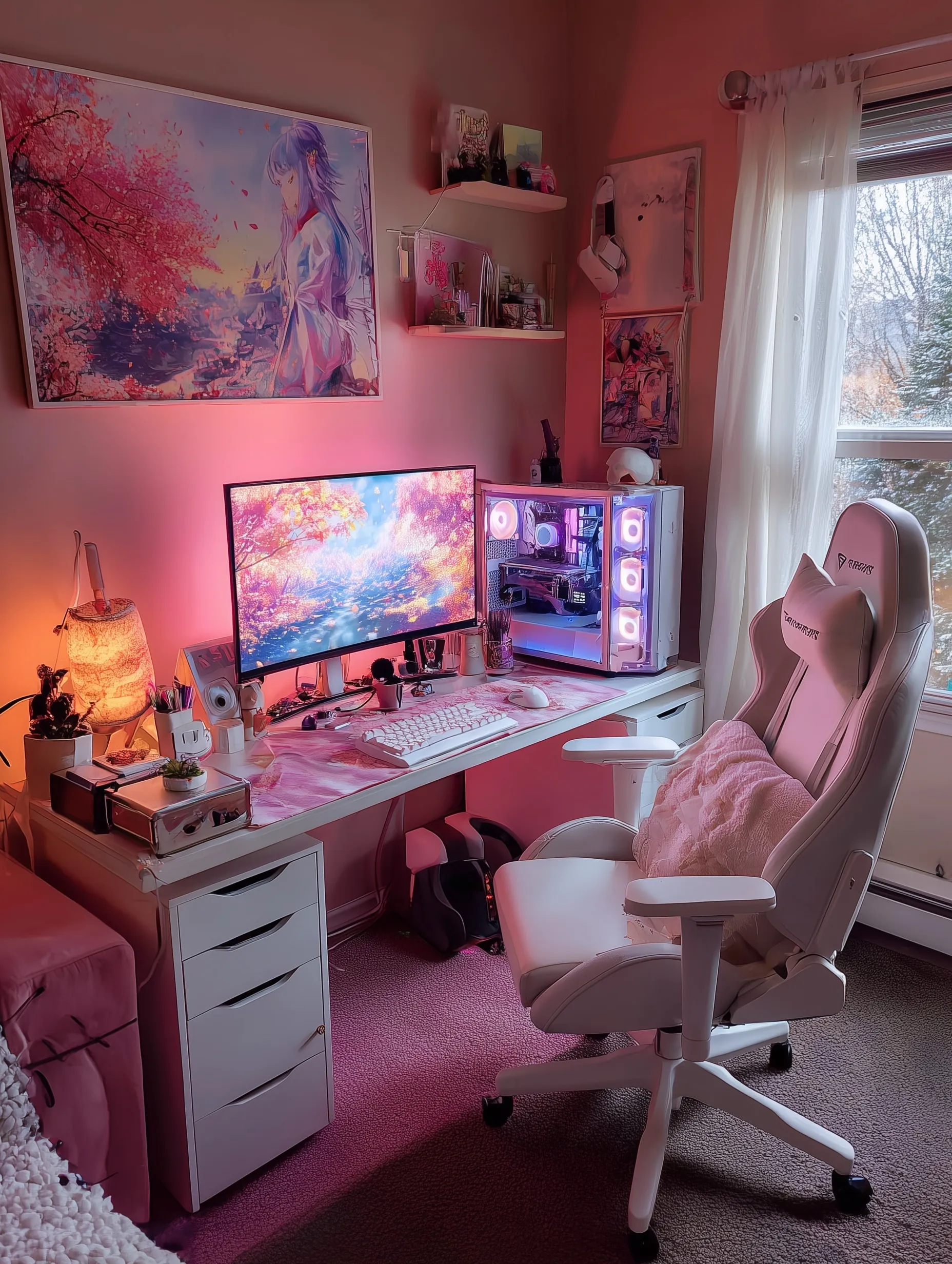 A cozy pink gaming setup with aesthetic desk accessories in a cabin bedroom, perfect for relaxing gaming sessions.