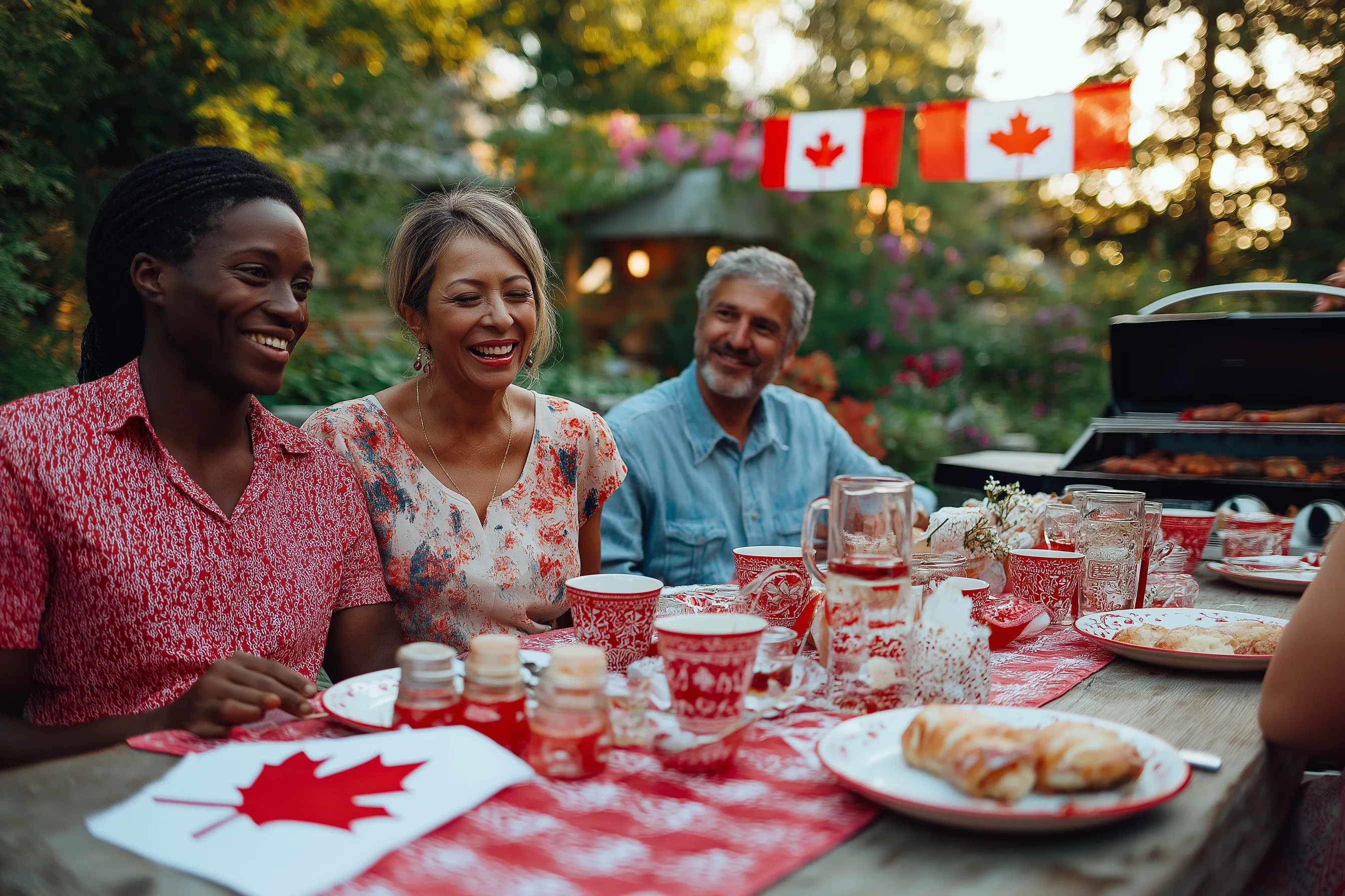 A multicultural family cooking on a barbecue grill with a Canadian flag and red and white tableware outdoors.