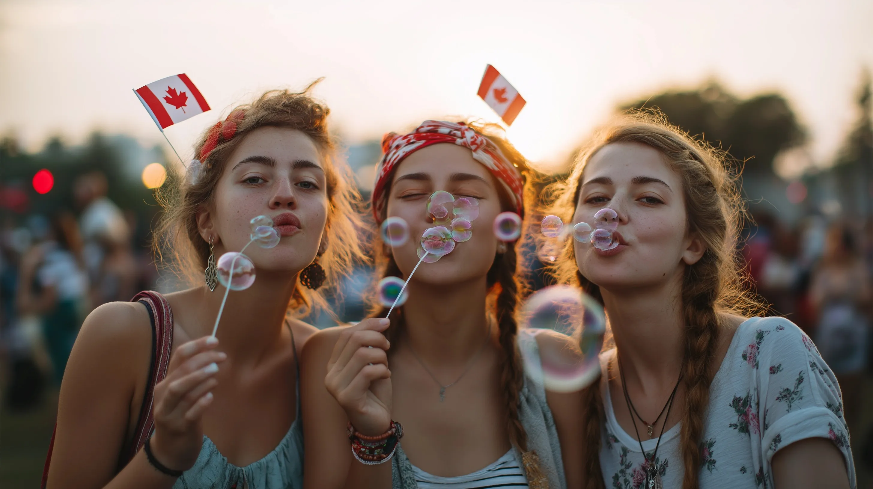 Friends blowing bubbles at a Canada Day celebration during sunset with Canadian flags in their hair.