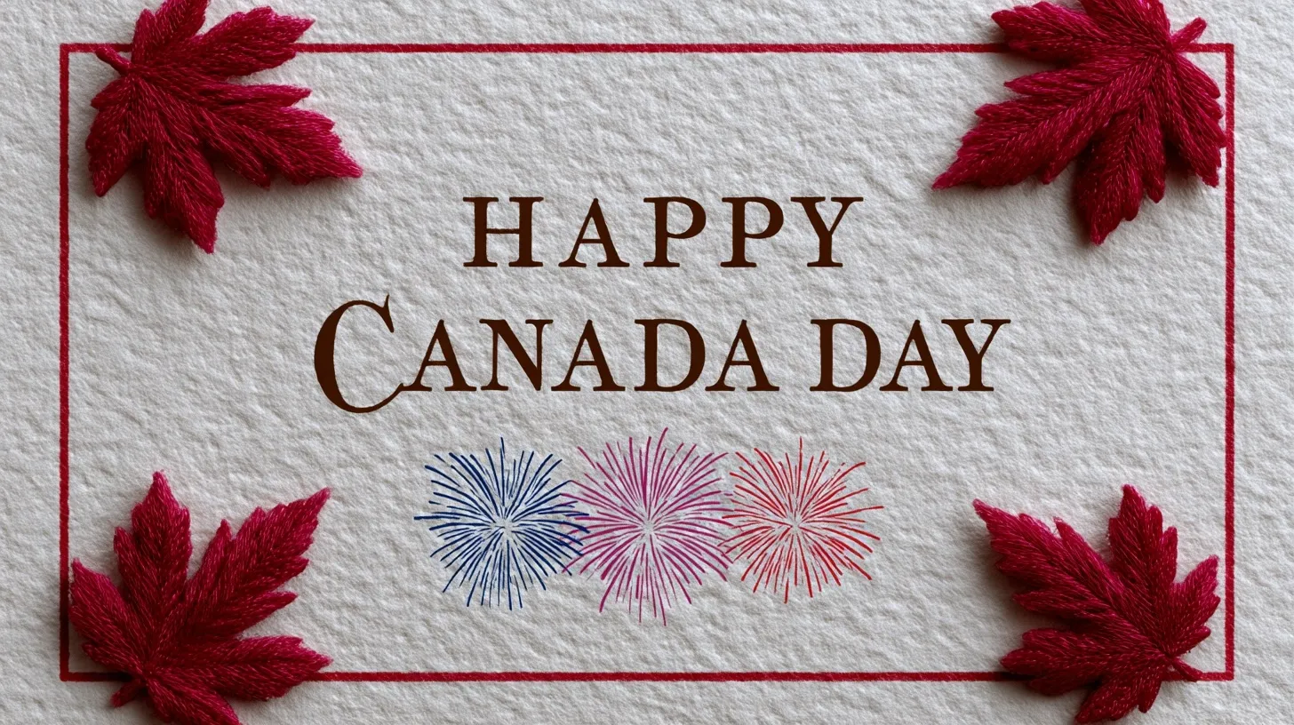 Vintage Canada Day postcard with hand-drawn maple leaves, fireworks, and classic script on a textured paper background.