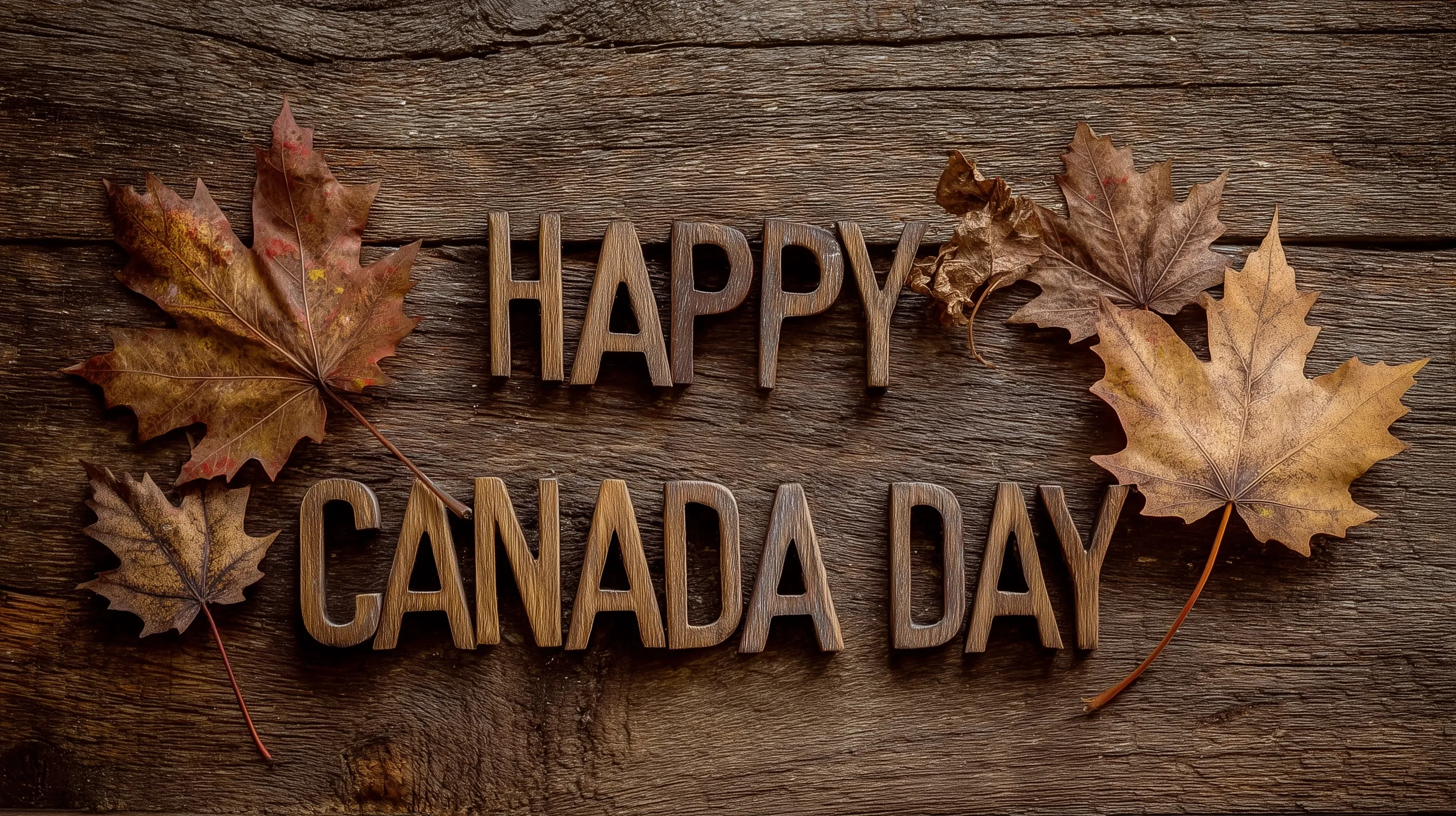 Happy Canada Day text with a red maple leaf on an autumn background.