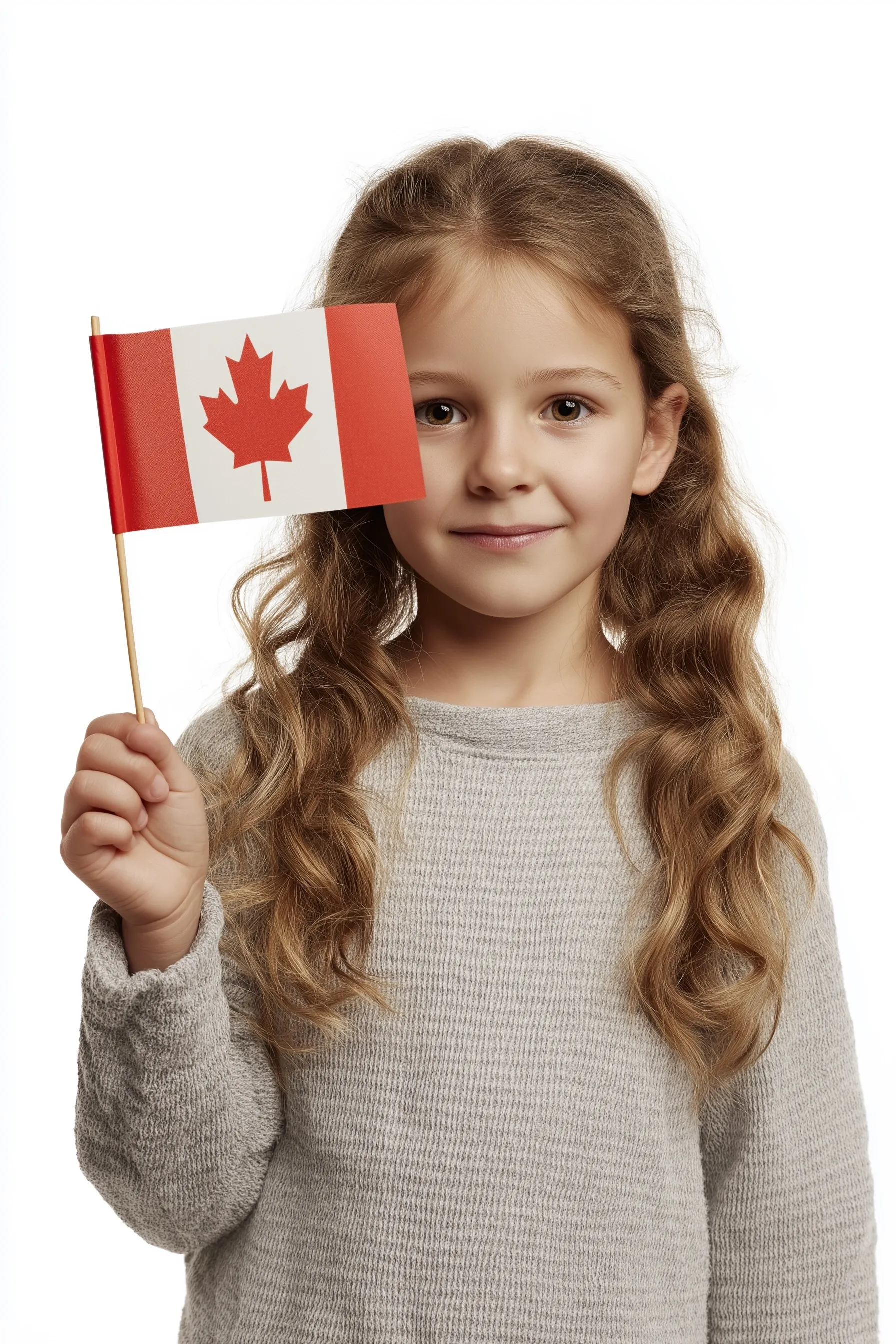 Young girl smiling and waving a Canadian flag with pride, isolated on a white background for Canada Day.