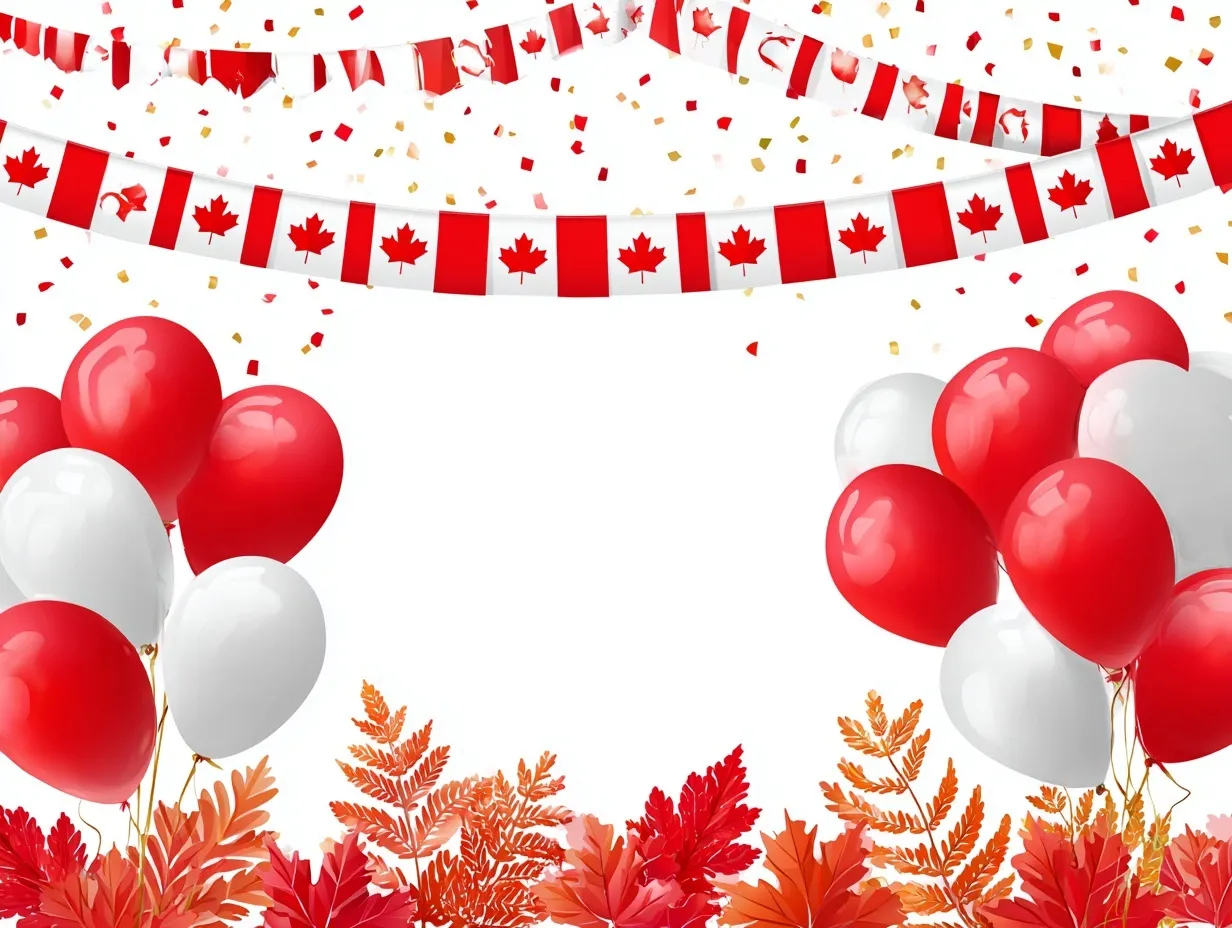 Flat vector illustration of Canada Day celebration with red and white balloons, maple leaves, and festive banners.