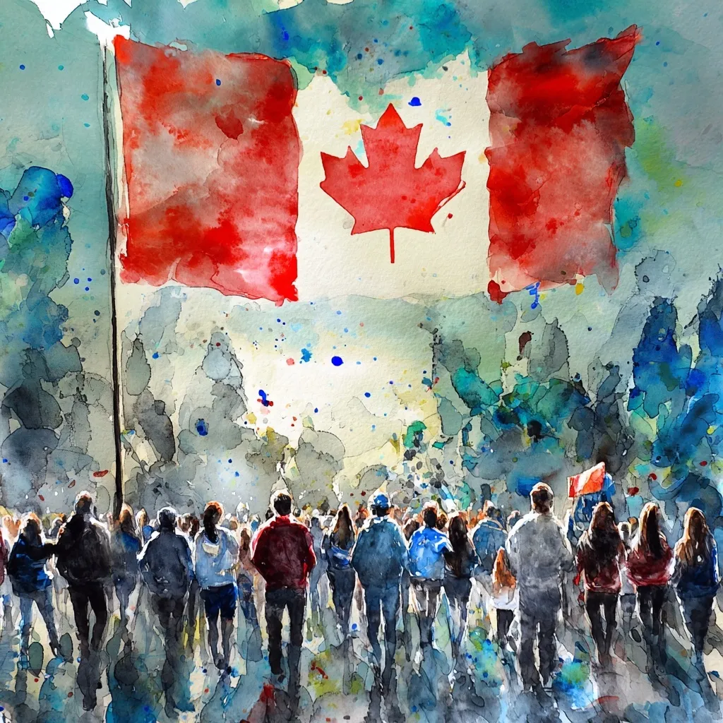 Watercolor painting of a crowd celebrating Canada Day with scattered flags and blue and green artistic background.