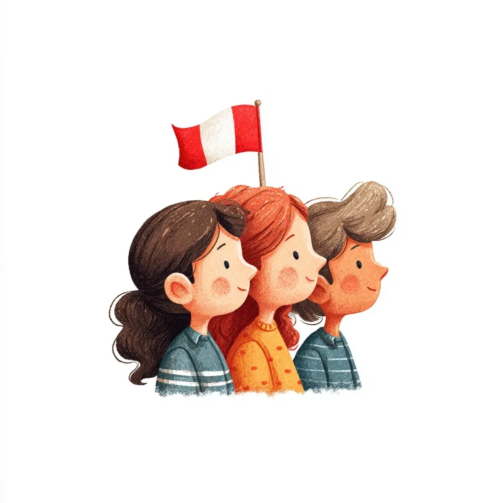 A children's book style 2D illustration of a small Peru flag seen from multiple angles on a plain white background.