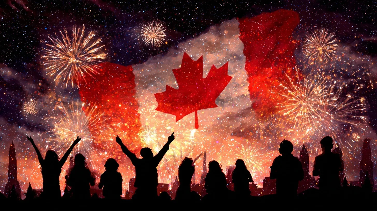 Bright Canada Day fireworks in the night sky with cheering crowd silhouettes and a large wavy Canadian flag.
