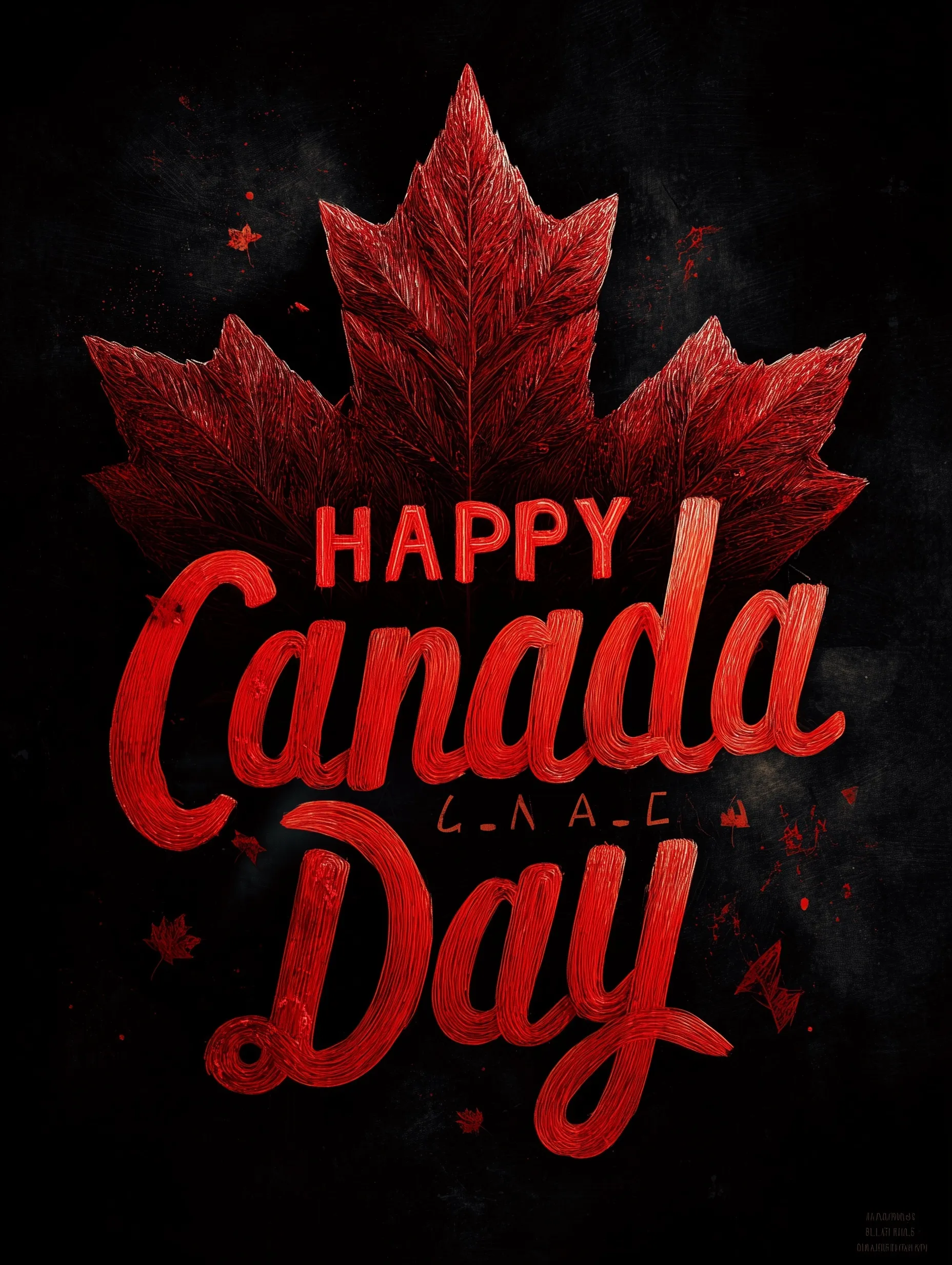 Edgy cinematic Canada Day background with bold Happy Canada Day text, perfect for patriotic holiday social media.