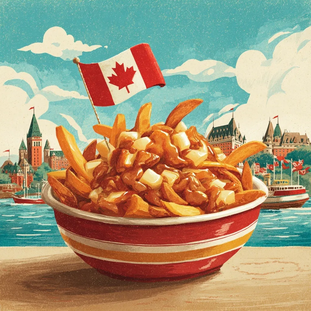 A festive Canada Day poster illustration featuring a bowl of delicious poutine garnished with a maple leaf.