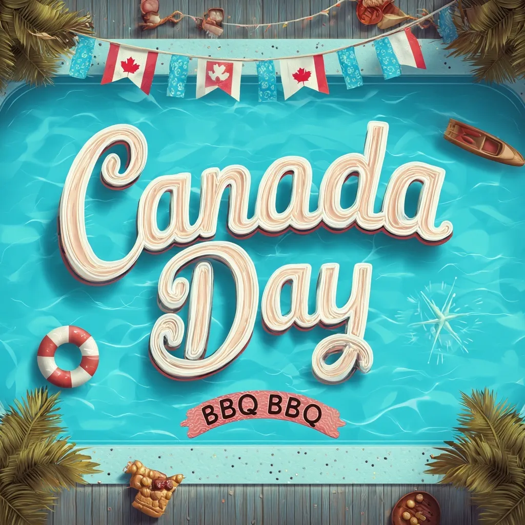 Fun Canada Day BBQ and pool party poster design with festive red and white swimming pool celebration graphics.