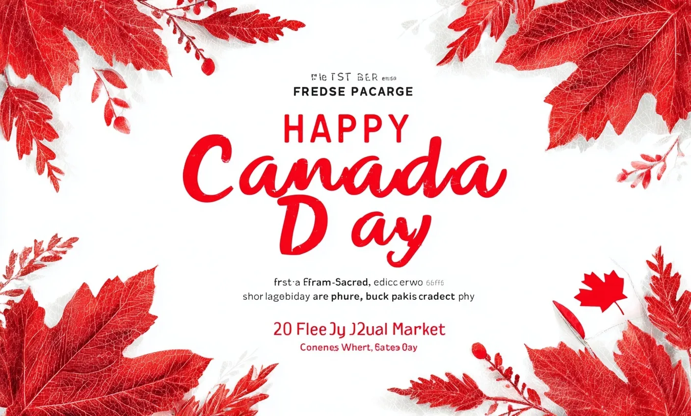 Vector illustration of a Canadian flag with red maple leaves and Happy Canada Day text on a white background.