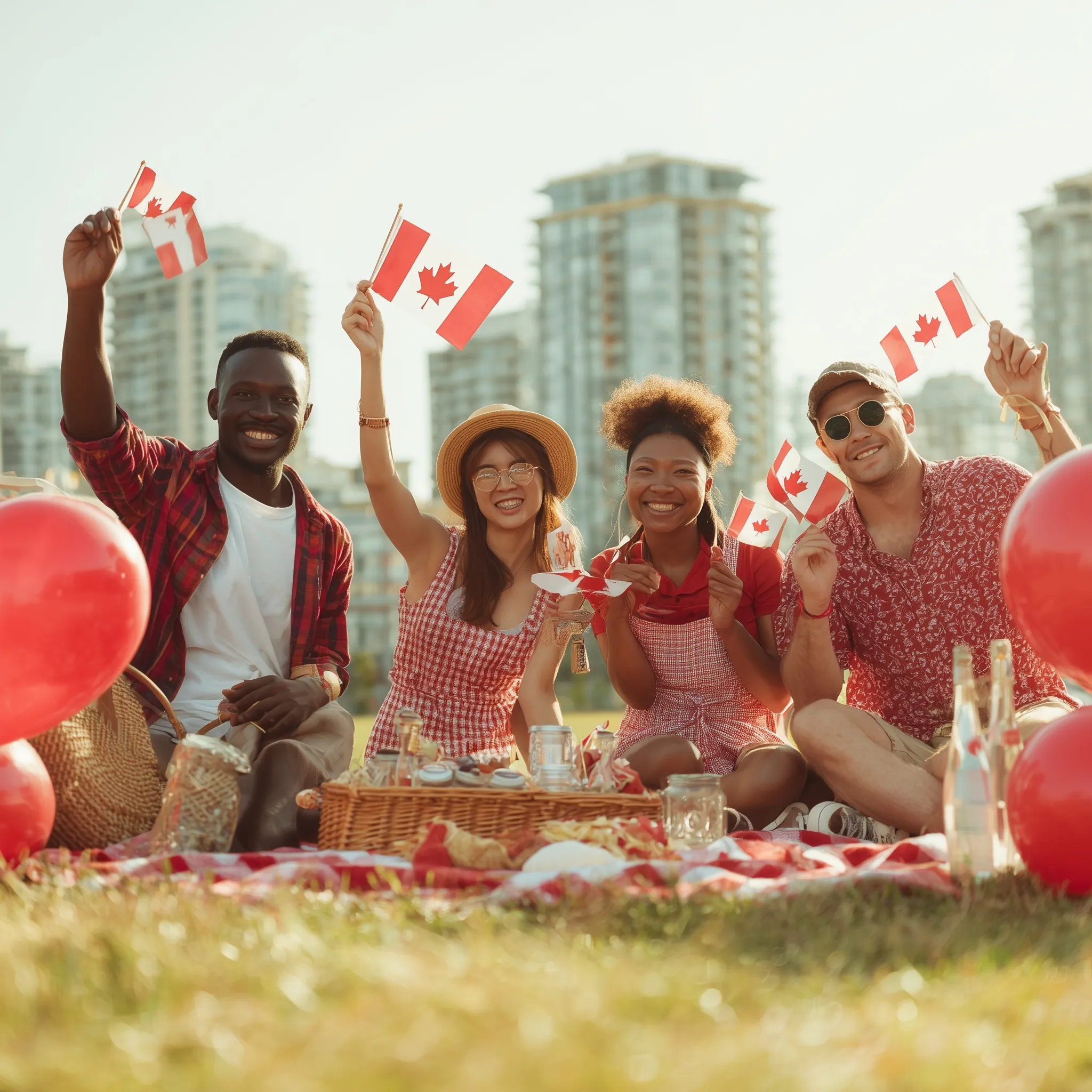 Multicultural friends celebrating Canada Day in a park with flags, red and white outfits, and a picnic.