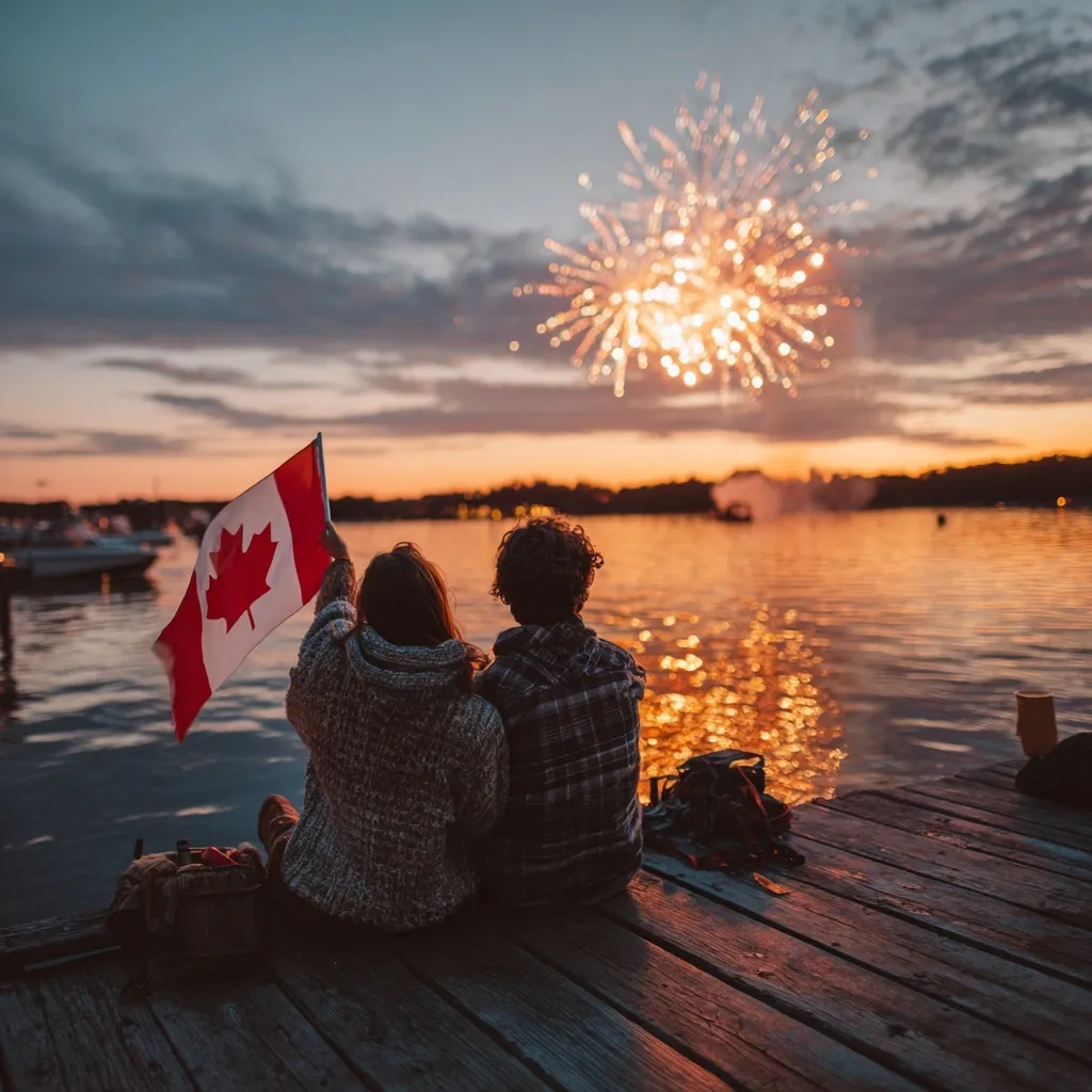 A young couple on a wooden dock waving a Canadian flag while watching Canada Day fireworks at sunset.