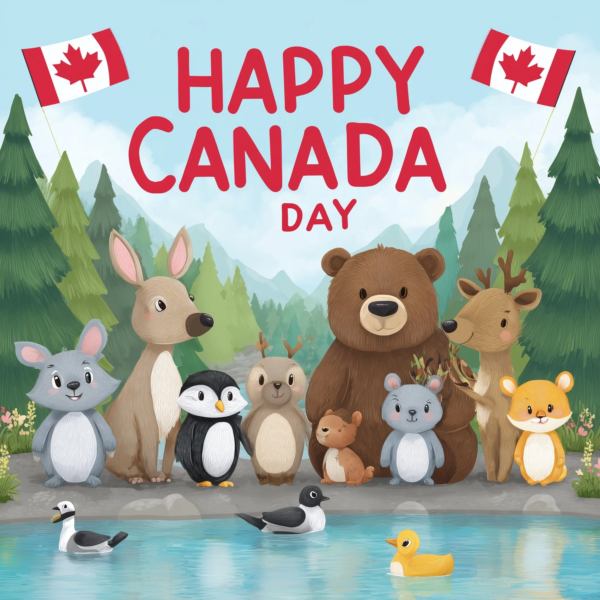 Cartoon animals celebrating Canada Day by a scenic lake with a Canadian flag and Happy Canada Day text.