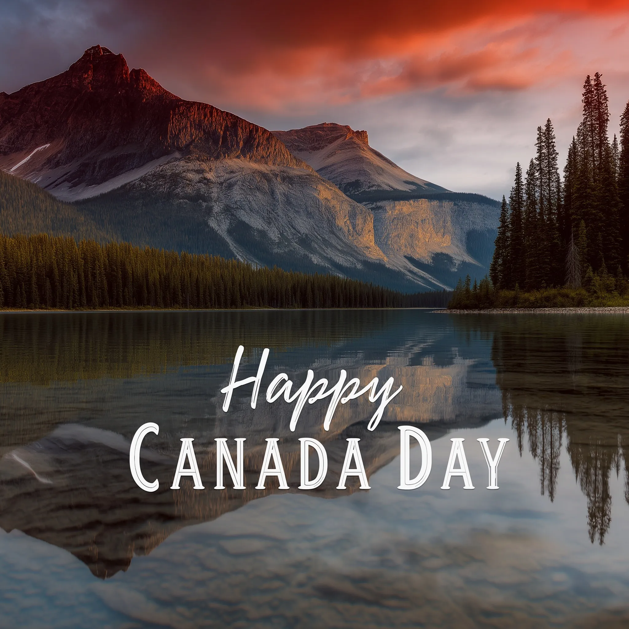 Hyperreal Canadian landscape background with Happy Canada Day text and red and white flag color overlay.