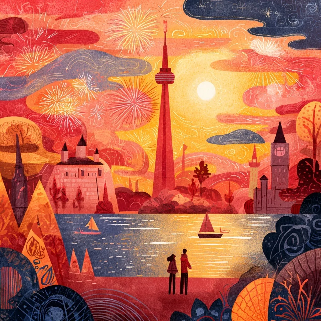 A vibrant Canada Day celebration with red and white maple leaf flags, fireworks, and festive street decorations.