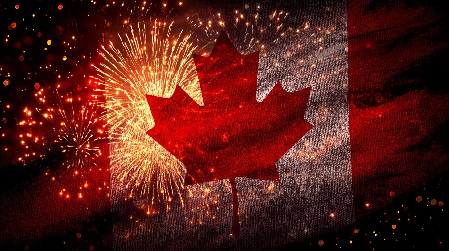Vibrant Canada Day celebration featuring a waving Canadian flag against a backdrop of festive night fireworks.