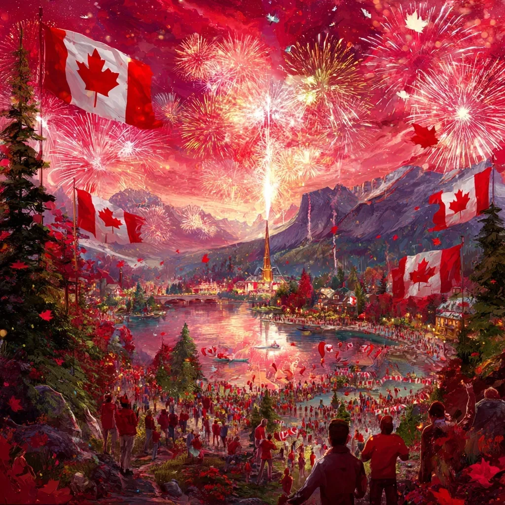 People celebrating Canada Day with fireworks, flags, and maple leaves against a scenic mountain landscape.