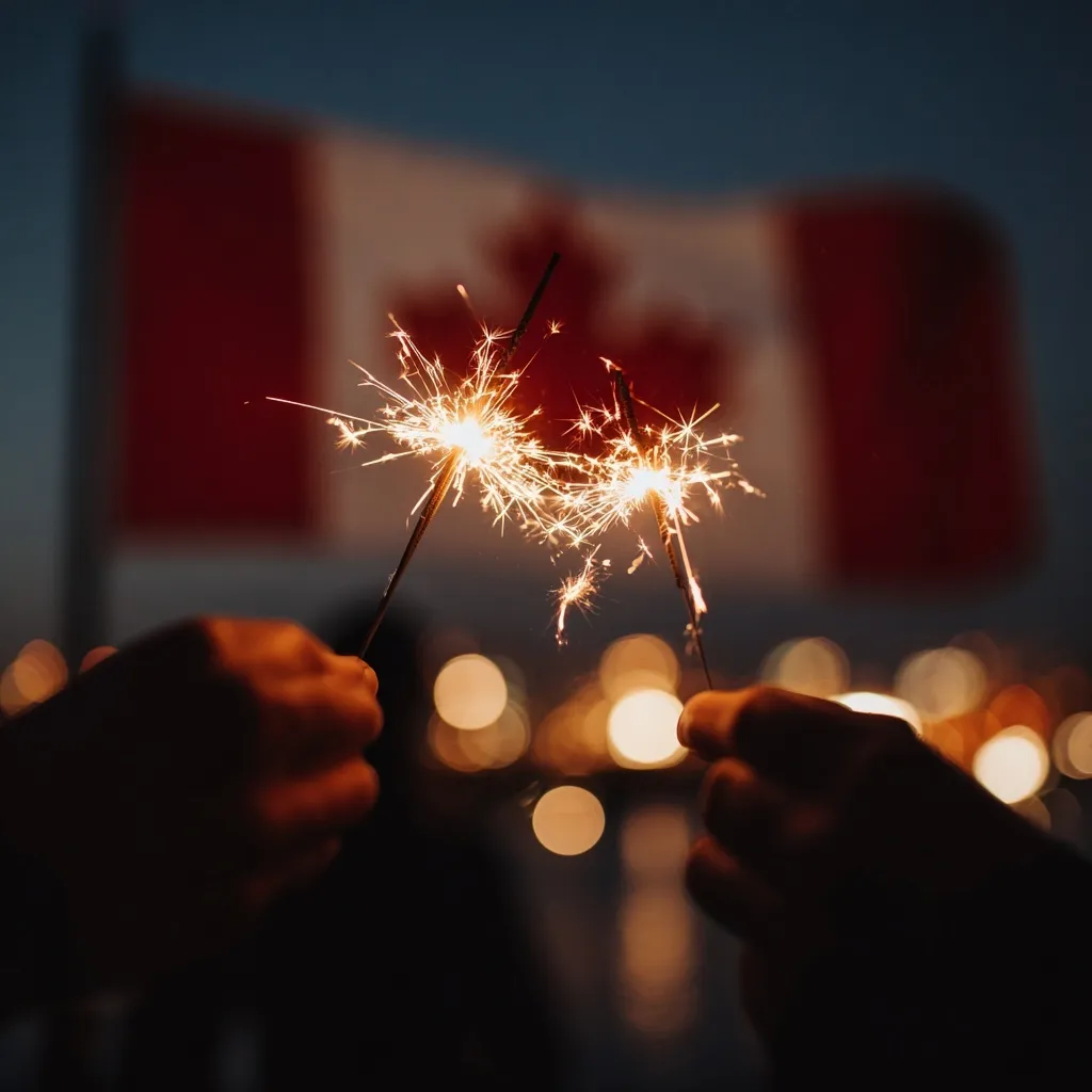 Two people holding sparklers at night with a Canadian flag background during a Canada Day celebration.