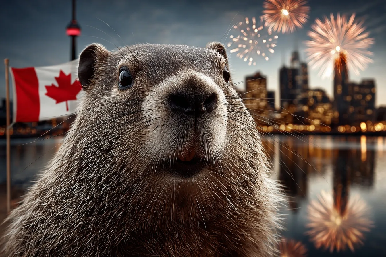 A cute Canadian beaver celebrating Canada Day with festive fireworks and iconic Canadian symbols in the background.