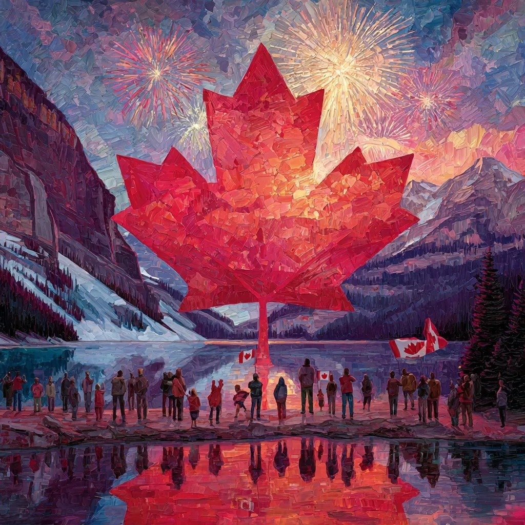 Diverse group celebrating Canada Day with maple leaf, fireworks, and Canadian mountain landscapes at sunset.