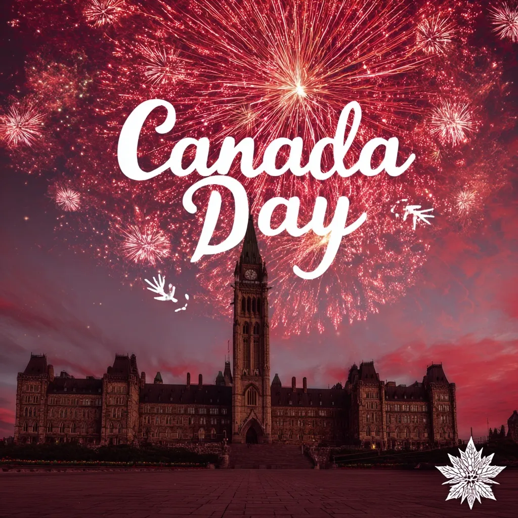 Red and white fireworks over Parliament Hill with maple leaf confetti for a Canada Day celebration.