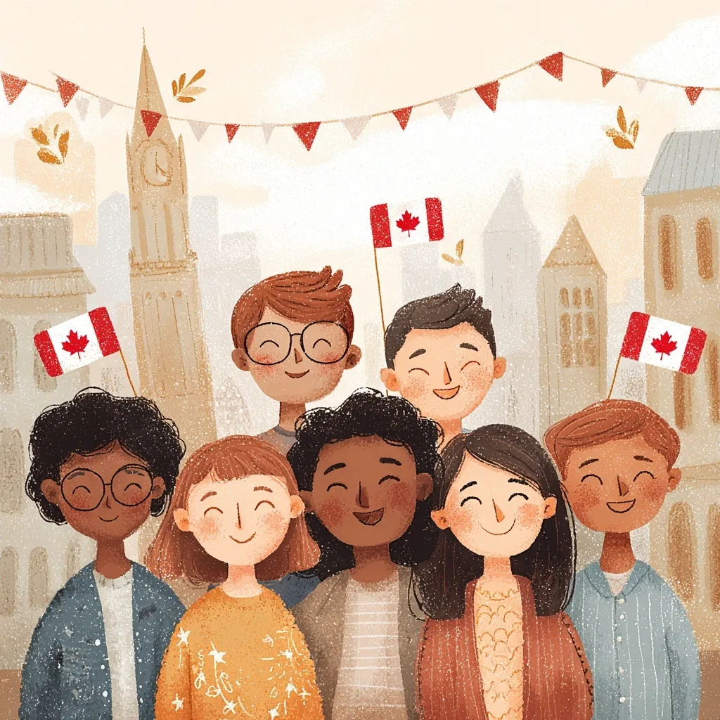 Diverse group of happy people celebrating Canada Day with Canadian flags, vector illustration.