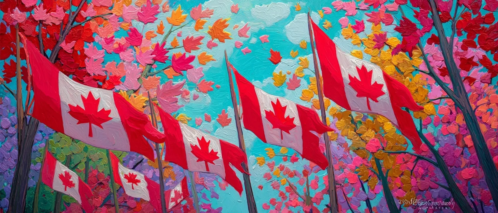 Vibrant Canada Day background featuring waving Canadian flags and red maple leaves.