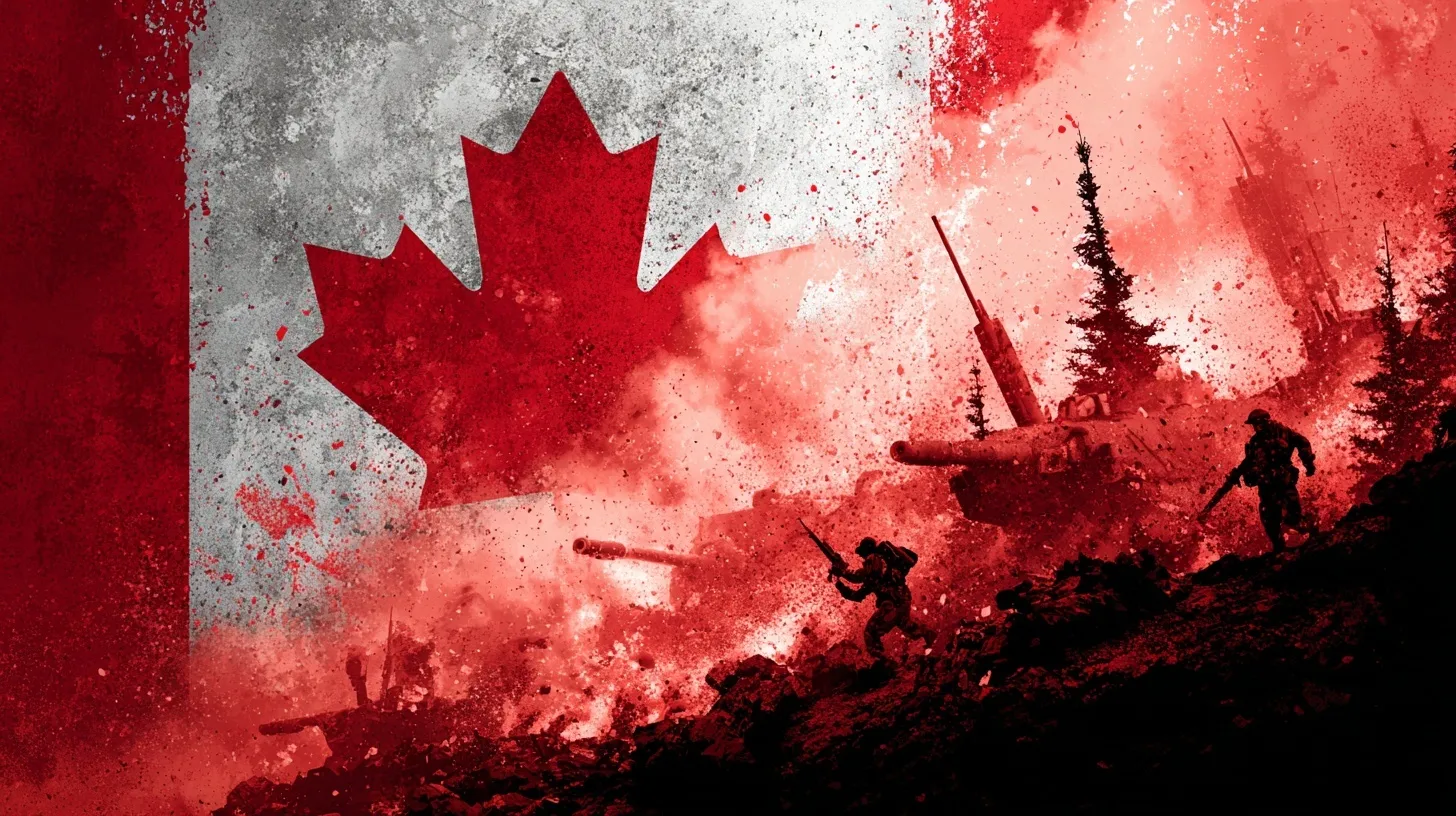 A patriotic Canada Day poster featuring the Canadian flag integrated with military elements and propaganda art.