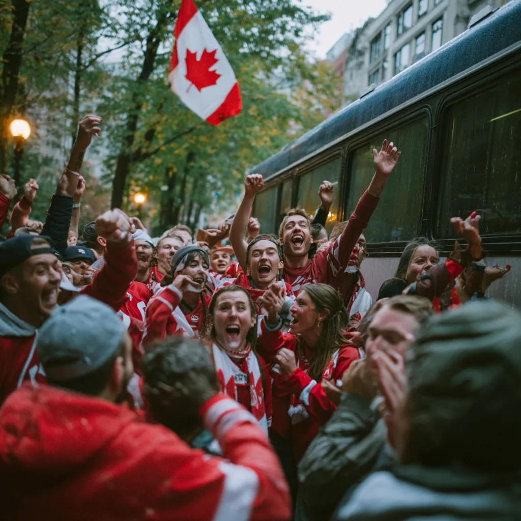 A joyful crowd in football jerseys cheering by a bus with a waving Canadian flag during a Canada Day celebration.