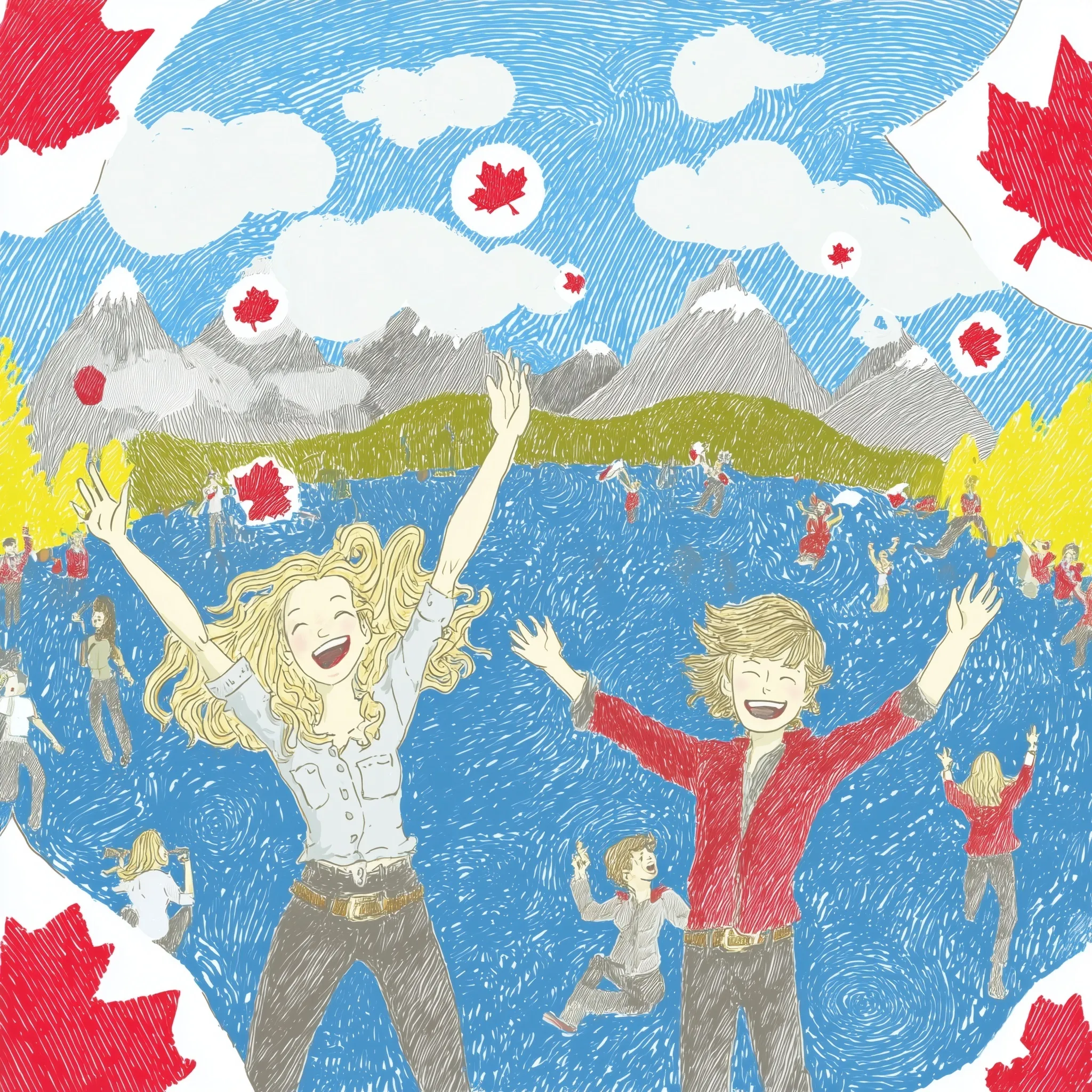 Joyful people celebrating Canada Day with a flag against a scenic backdrop of mountains and the ocean.