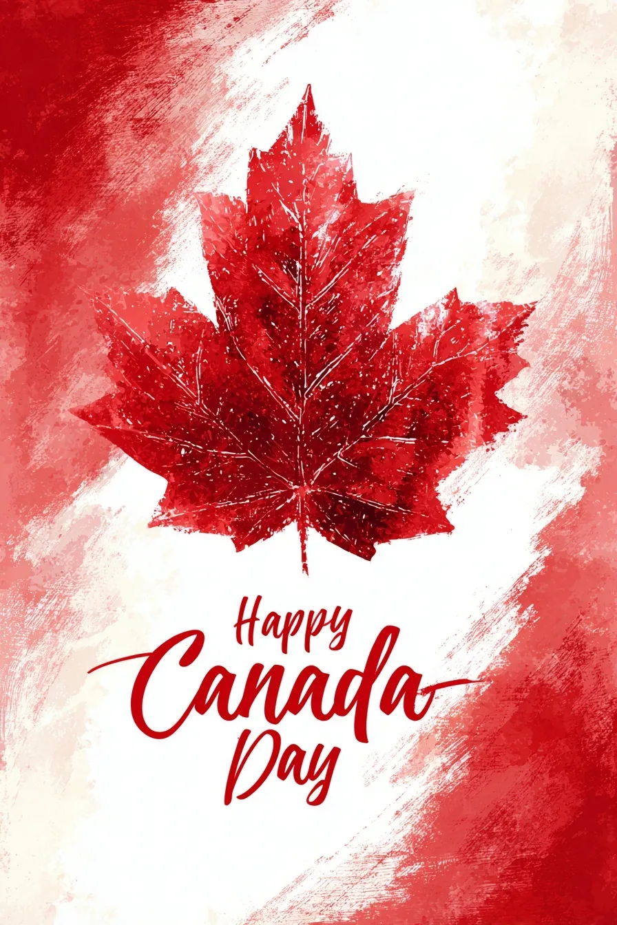 Artistic Canada Day background with a red maple leaf, white brushstrokes, and Happy Canada Day cursive text.
