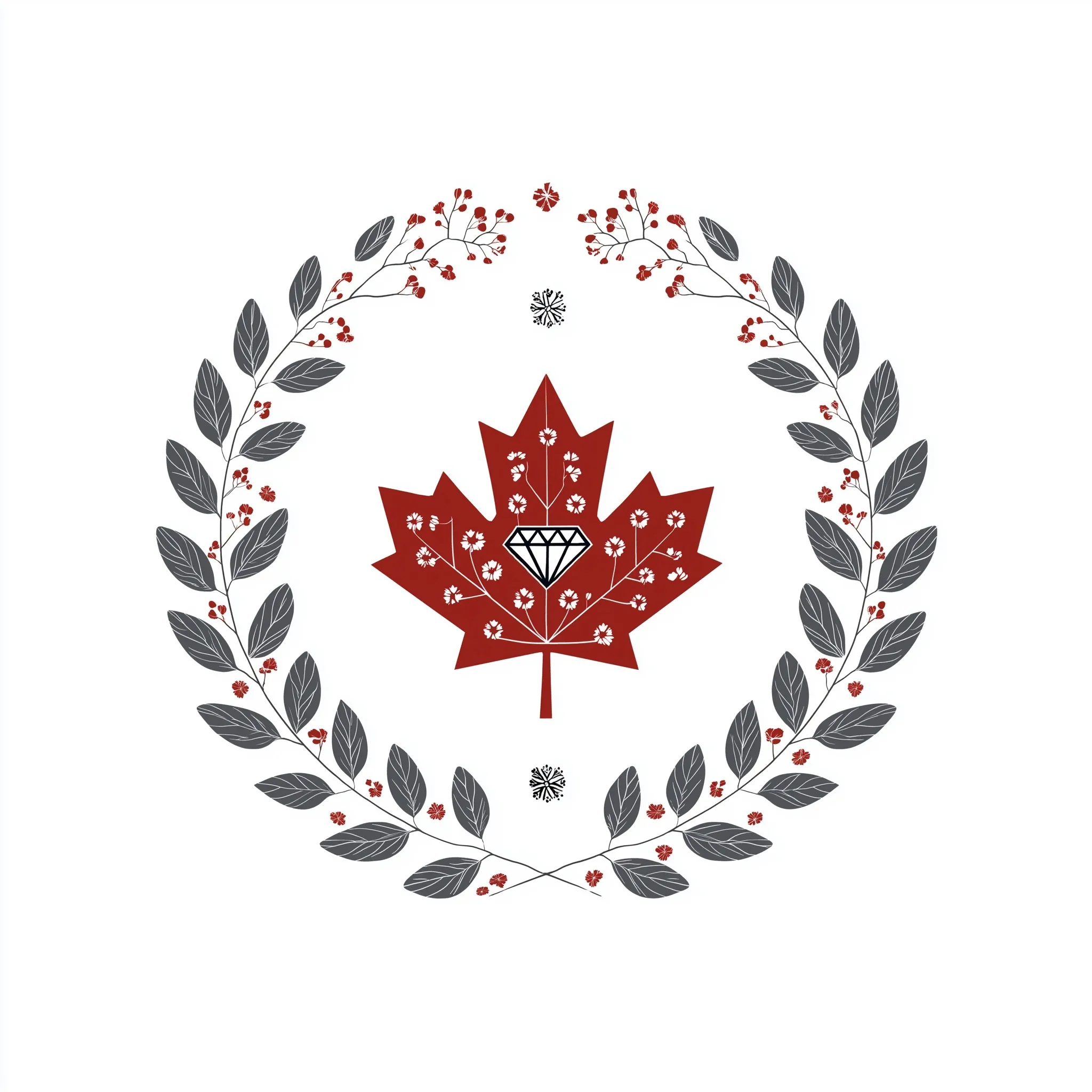 Elegant Canadian maple leaf logo with diamonds and olive leaves on a white background for Canada Day.