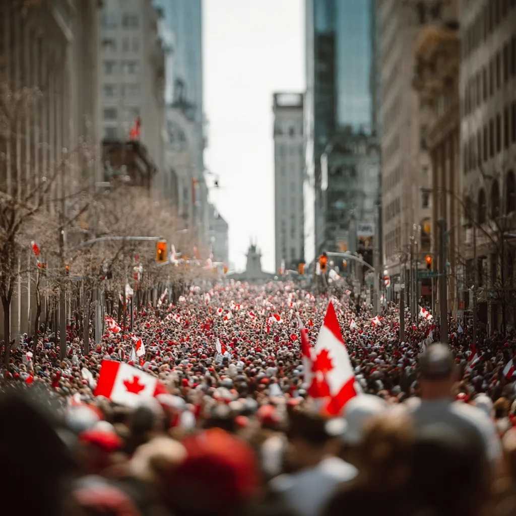 A massive crowd of people celebrating Canada Day at a vibrant flag rally in the city streets.