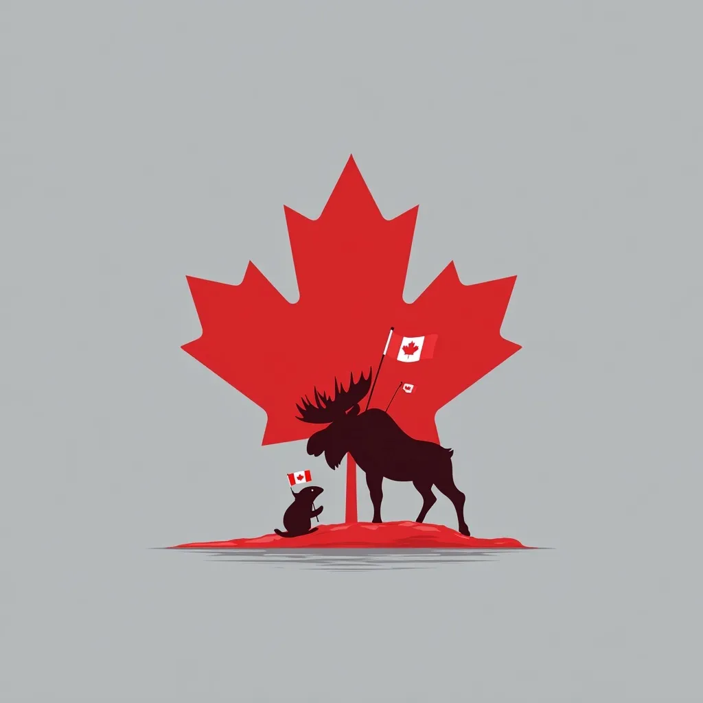 Cartoon Canadian maple leaf logo with a moose carrying a groundhog holding two Canada Day flags.