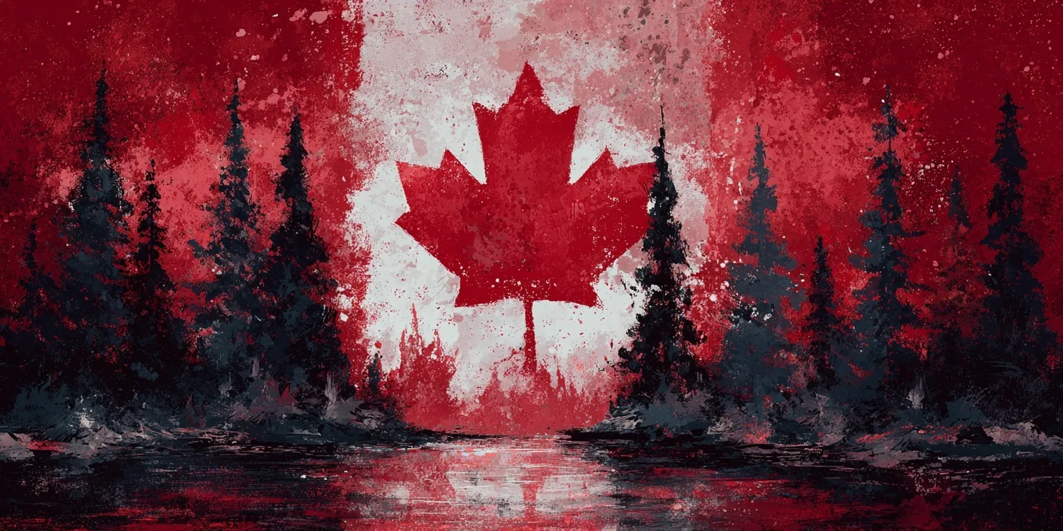 Digital painting of the Canadian flag with maple leaf, pine trees, and water in a moody, painterly war-inspired style.